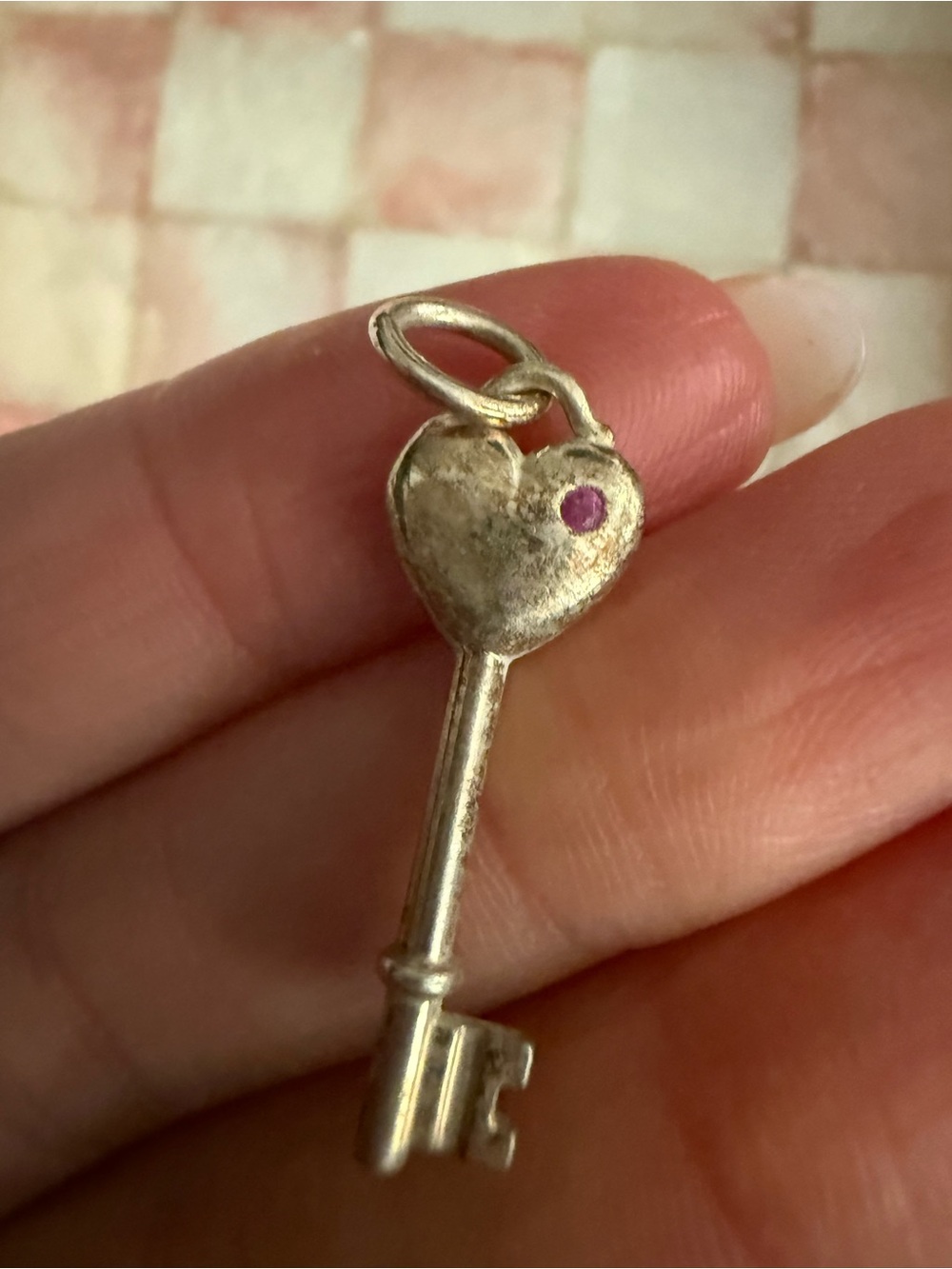 Tiffany & Co. Gold Heart Key Pendant with Pink Stone